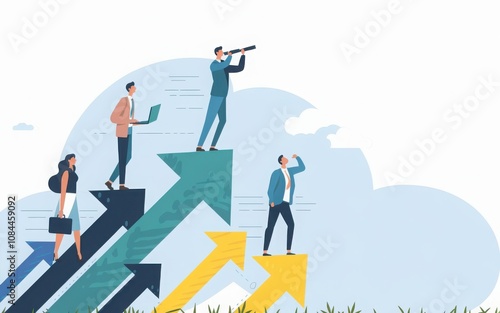 Successful businessman standing on the arrow, which pointing up as symbol of achievement, success and developing business in successful way. Businessman looking forward with the telescope.