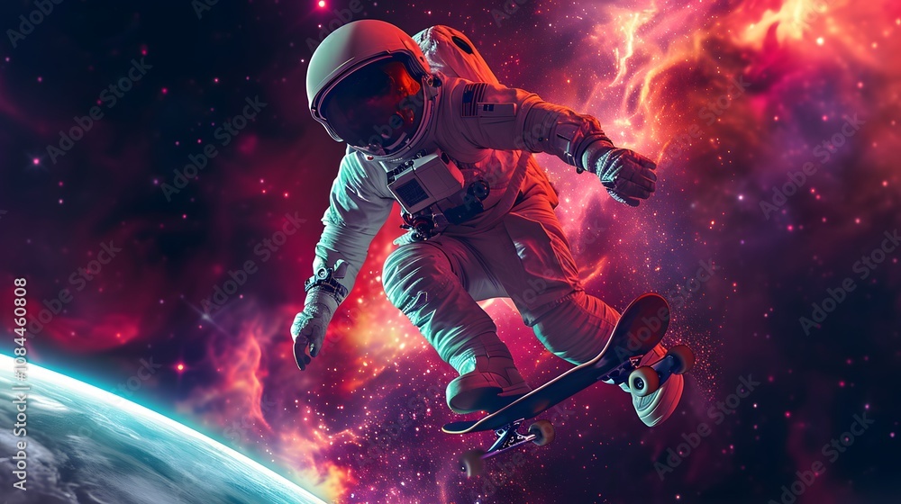 Fototapeta premium Astronaut performing tricks on celestial body