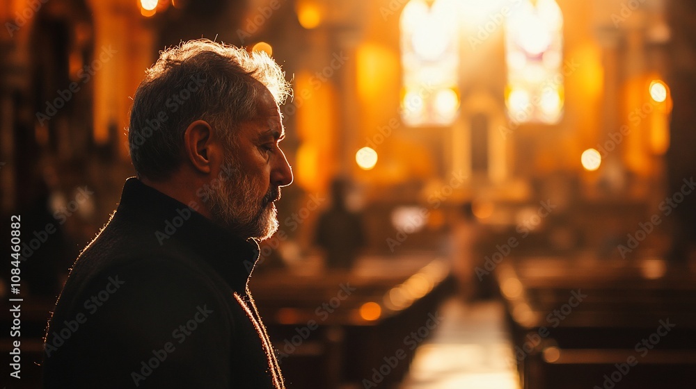 Senior man praying in a church, sunlight through stained-glass windows. Senior man praying in a church, sunlight through stained-glass windows.