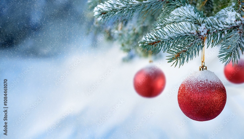 Obraz premium christmas and new year holiday concept. Red balls on fir branches, winter snowy backdrop. festive winter background. template for design. copy space