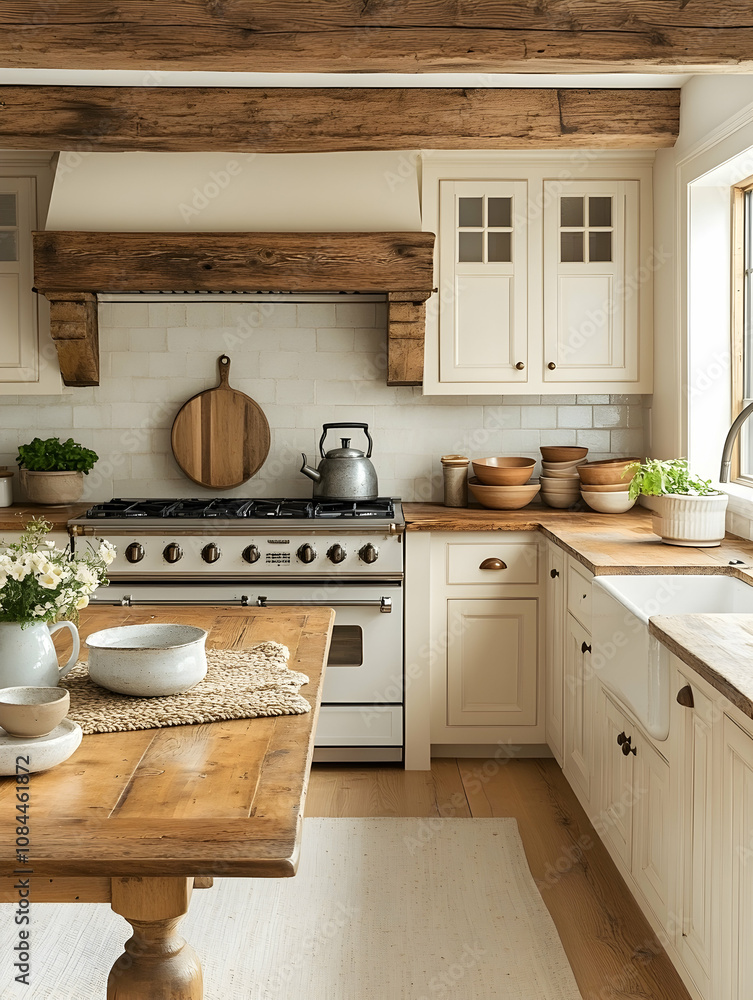 Cozy farmhouse kitchen with rustic wooden beams and cream cabinets. A large wooden table, white appliances, and simple decorative items create a warm and inviting space. Cozy farmhouse kitchen with rustic wooden beams and cream cabinets. A large wooden table, white appliances, and simple decorative items create a warm and inviting space.