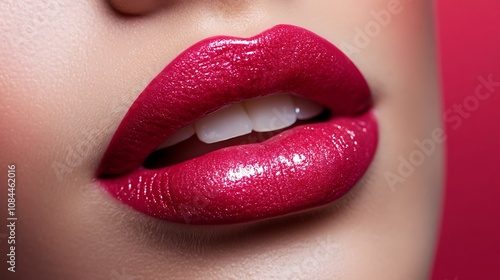 Close up pink lips of woman on pink background.