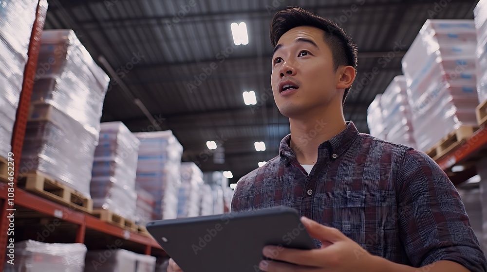 A man using tablet check stock in warehouse A man using tablet check stock in warehouse