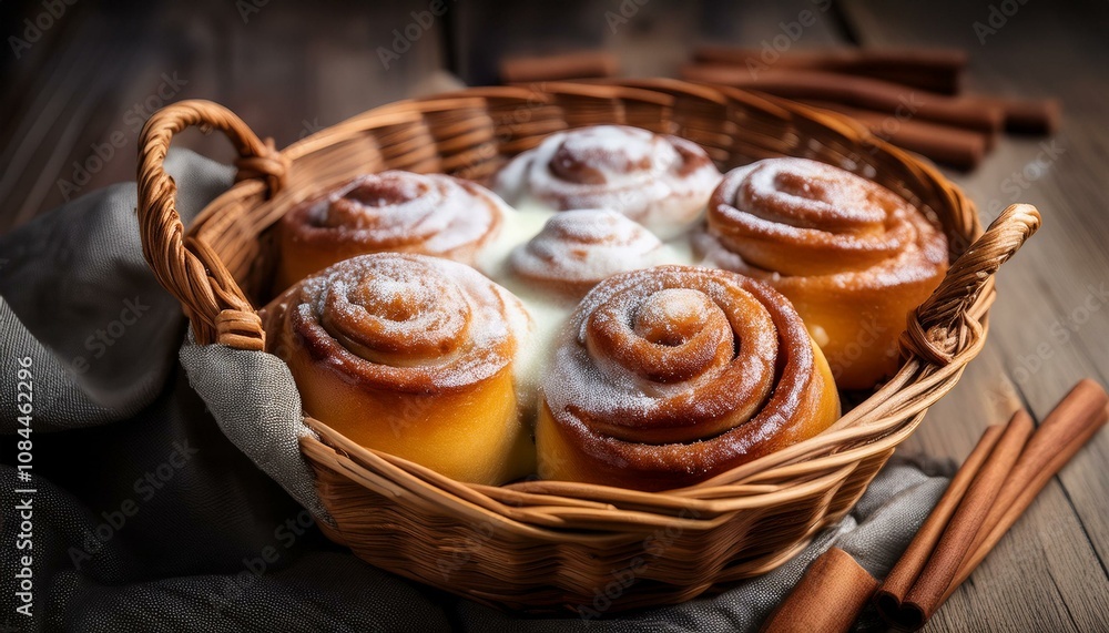 Fototapeta premium Close-up of juicy cinnamon buns with glaze and powdered sugar in a rustic basket, evoking homeliness and warmth