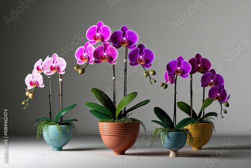 Vibrant Tropical Orchids in Unique Pots Displayed Against Minimalist Background 3D Rendering