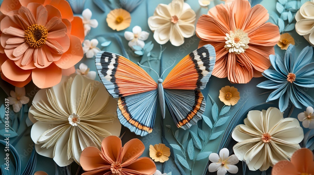 Obraz premium A colorful paper butterfly amidst delicate paper flowers.
