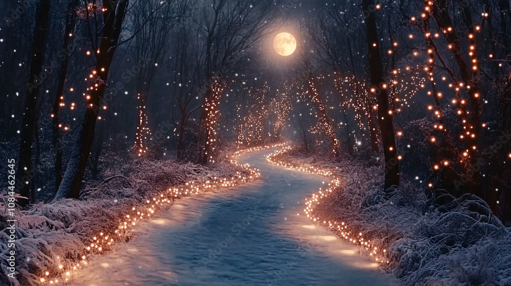 A snow covered path meanders through a forest at night A snow covered path meanders through a forest at night