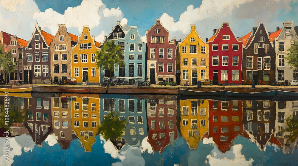 Fototapeta premium Vibrant reflection of colorful canal houses on a calm waterway. A picturesque scene of architectural beauty and serenity.