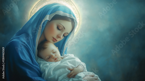 The Virgin Mary holds the sleeping baby Jesus in her arms, with a glowing halo around her head, creating an atmosphere of peace and faith against a background of blue skies with copy space.