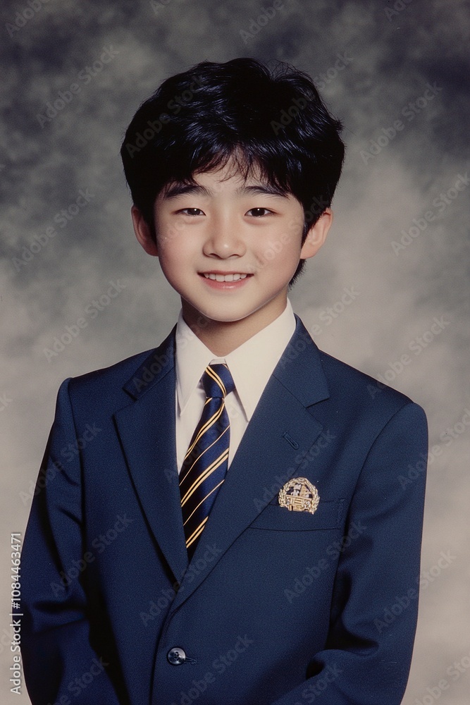 image for school yearbook, Korean boy, 15 years old, black medium hair, in plain navy blue blazer, navy blue tie with yellow stripes, generative ai image for school yearbook, Korean boy, 15 years old, black medium hair, in plain navy blue blazer, navy blue tie with yellow stripes, generative ai
