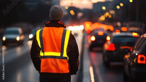 Twilight Traffic Control: A lone worker in a high-visibility vest oversees a busy urban street at dusk. photo