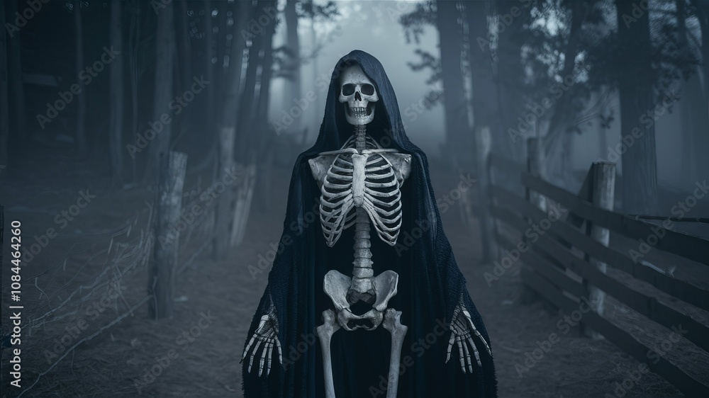 Fototapeta premium Grim Reaper's Walk: A haunting image of the Grim Reaper, clad in a black hooded cloak, eerily striding along a foggy path flanked by wooden fences in a shadowy forest setting.