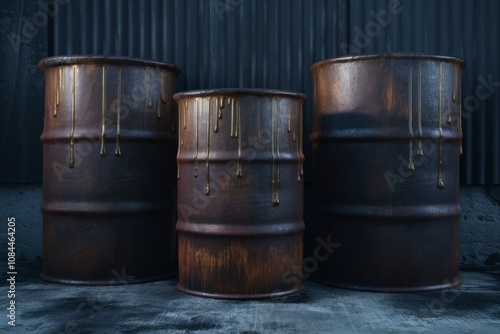 Rust and Residue: An evocative scene featuring three rusty barrels, the wear and tear revealing an industrial past with drips and residue hinting at contained materials.  photo