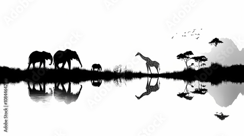 Animal silhouette on the savannah. african landscape scene. black isolated silhouette with elephants, giraffes, and lions. Silhouette. Illustration