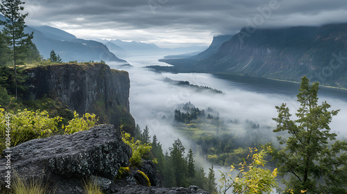 Misty morning view from a clifftop, overlooking a serene river valley. The tranquil scene is painted in soft blues and greens, with a layer of fog adding mystery. photo