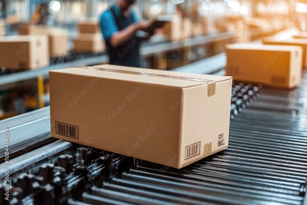 Cardboard Box on Conveyor Belt in Warehouse Packaging Process Cardboard Box on Conveyor Belt in Warehouse Packaging Process