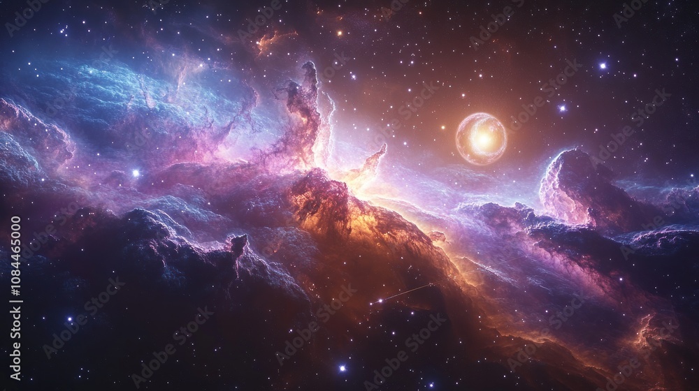 Fototapeta premium Vibrant cosmic colors swirl around glowing stars and a shining planet in deep space