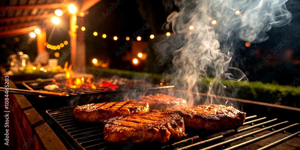 Grilled Meat on a BBQ Grill at Night with Glowing Charcoal and Smoke, Capturing the Essence of Outdoor Cooking and Culinary Delights in a Beautiful Night Scene Grilled Meat on a BBQ Grill at Night with Glowing Charcoal and Smoke, Capturing the Essence of Outdoor Cooking and Culinary Delights in a Beautiful Night Scene