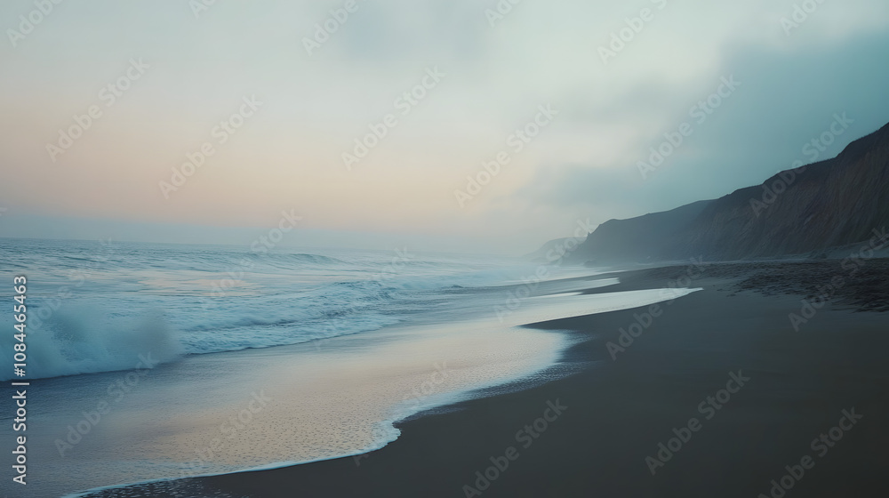 Serene sunset at the beach. Gentle waves roll onto the shore, meeting a tranquil, sandy expanse beneath a soft, pastel sky. Serene sunset at the beach. Gentle waves roll onto the shore, meeting a tranquil, sandy expanse beneath a soft, pastel sky.