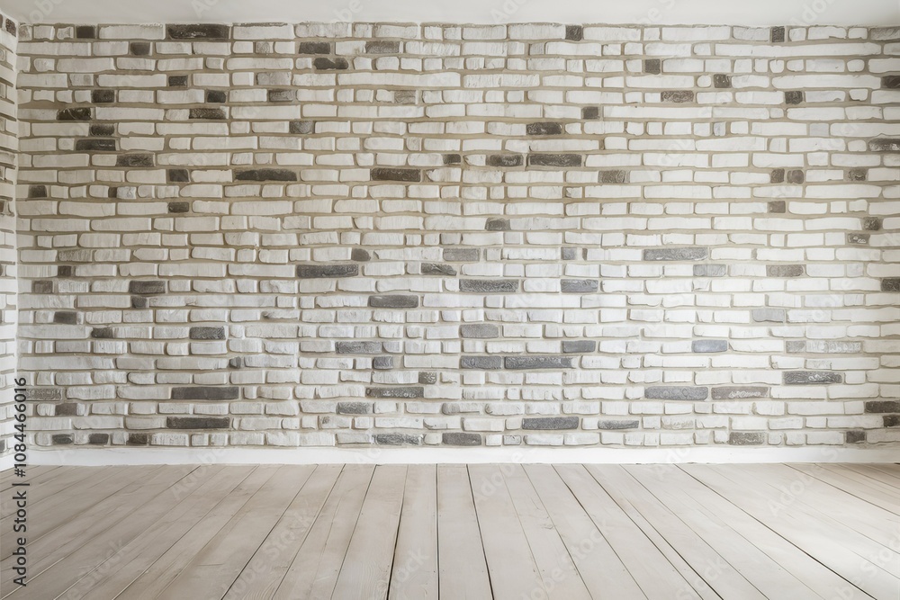 Fototapeta premium Empty Room with Brick Wall: An empty room with a textured brick wall and wooden floor. The simplicity creates a canvas for imagination.
