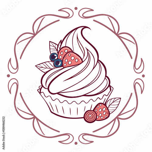 Strawberry Cake with Cherry, Chocolate Dessert, Vector Illustration, Gourmet Pastry, Layered Cake with Frosting, Sweet Bakery Treat, Perfect for Menus, Branding, Packaging, Digital Art, and Creative P