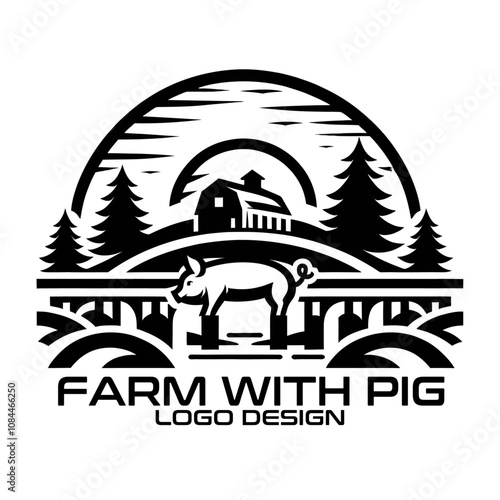 Farm With Pig Vector Logo Design