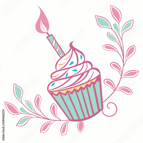 Birthday Cupcake with Candle, Pink Frosting, Festive Party Treat, Celebration Dessert, Decorative Pastry with Ribbon, Perfect for Invitations, Menus, Branding, Packaging, Digital Art, and Creative Pro
