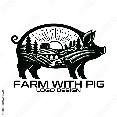 Farm With Pig Vector Logo Design