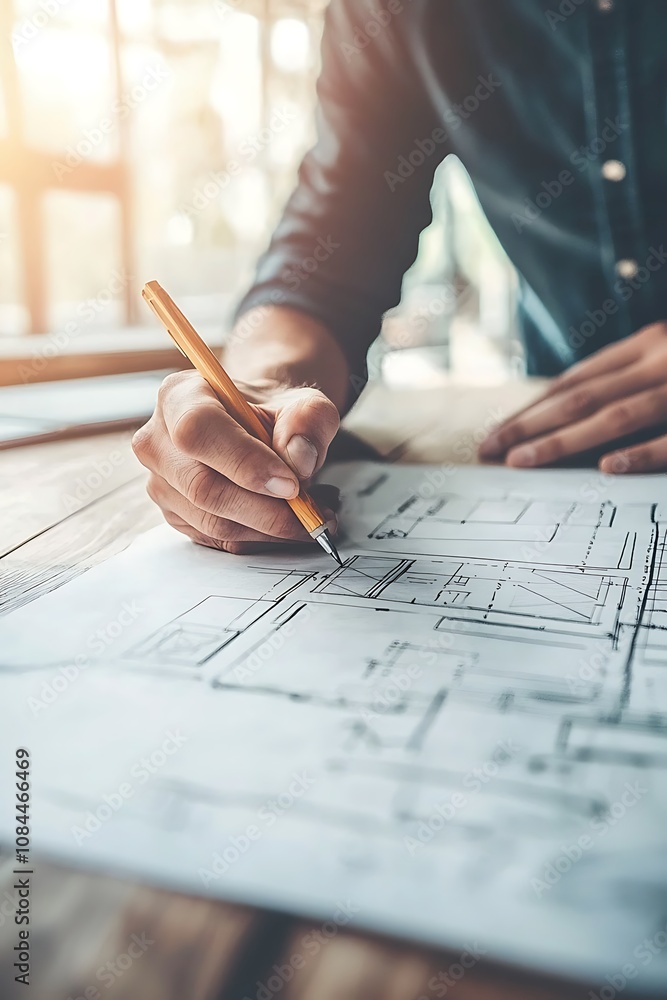 Architect sketching an interior design plan with a focus on blueprints and color selections. Creative workspace vibes. Architect sketching an interior design plan with a focus on blueprints and color selections. Creative workspace vibes.