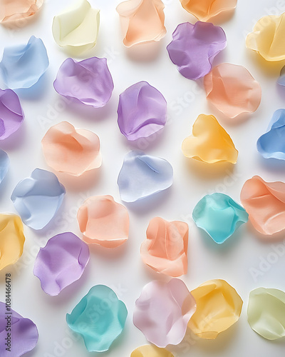 Pastel-colored silk petals scattered on a white background. Soft, dreamy aesthetic. Perfect for wedding invitations, blogs, or feminine branding.