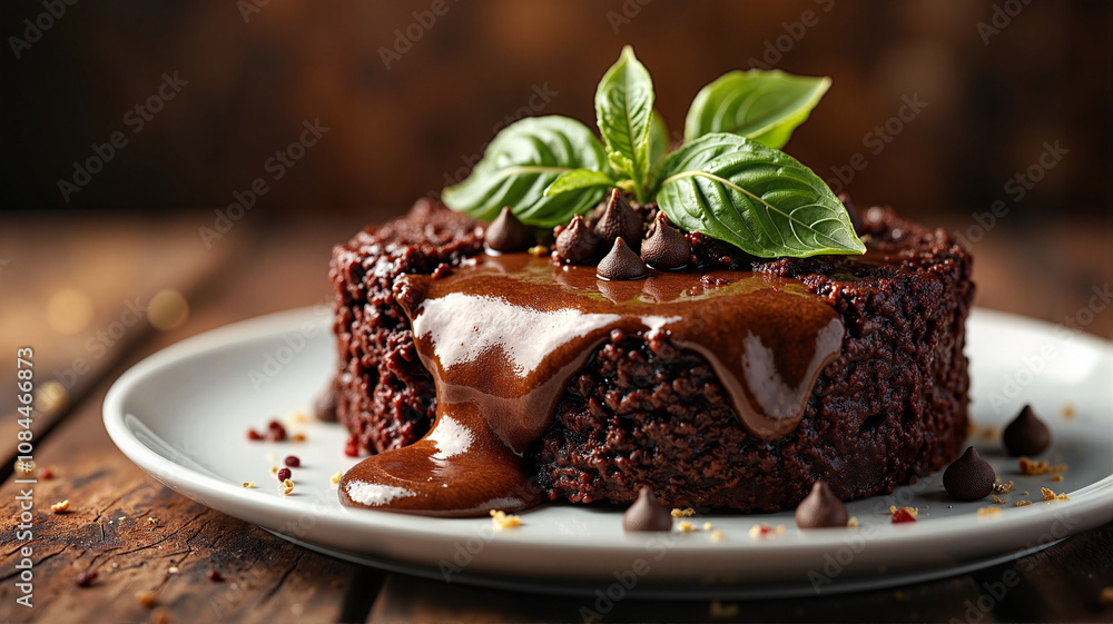 Decadent chocolate lava cake with basil garnish - perfect for dessert blogs, recipe websites, gourmet cookbooks, and food photography portfolios Decadent chocolate lava cake with basil garnish - perfect for dessert blogs, recipe websites, gourmet cookbooks, and food photography portfolios