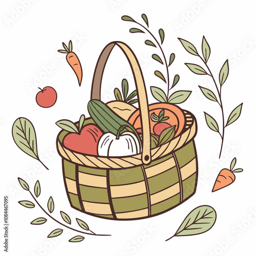 Basket with Fresh Vegetables and Fruits, Organic Farm Produce, Healthy Food Selection, Rustic Market Basket, Farm-to-Table Ingredients, Nutritious Grocery, Natural Harvest, Vegan and Vegetarian Diet

