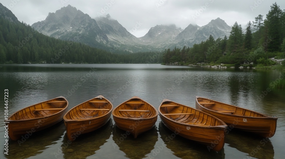 Five wooden boats in a row on a tranquil lake in front of mountains. Five wooden boats in a row on a tranquil lake in front of mountains.
