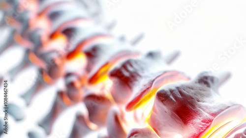Vertebral column demonstrating intervertebral discs glowing, suggesting pain and inflammation, possibly caused by a medical condition such as herniated disc, sciatica, or spinal stenosis