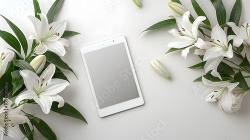 Minimalist Tablet Surrounded by Fresh White Lilies on a Clean Background – Perfect for Technology, Nature, and Elegant Design Themes photo