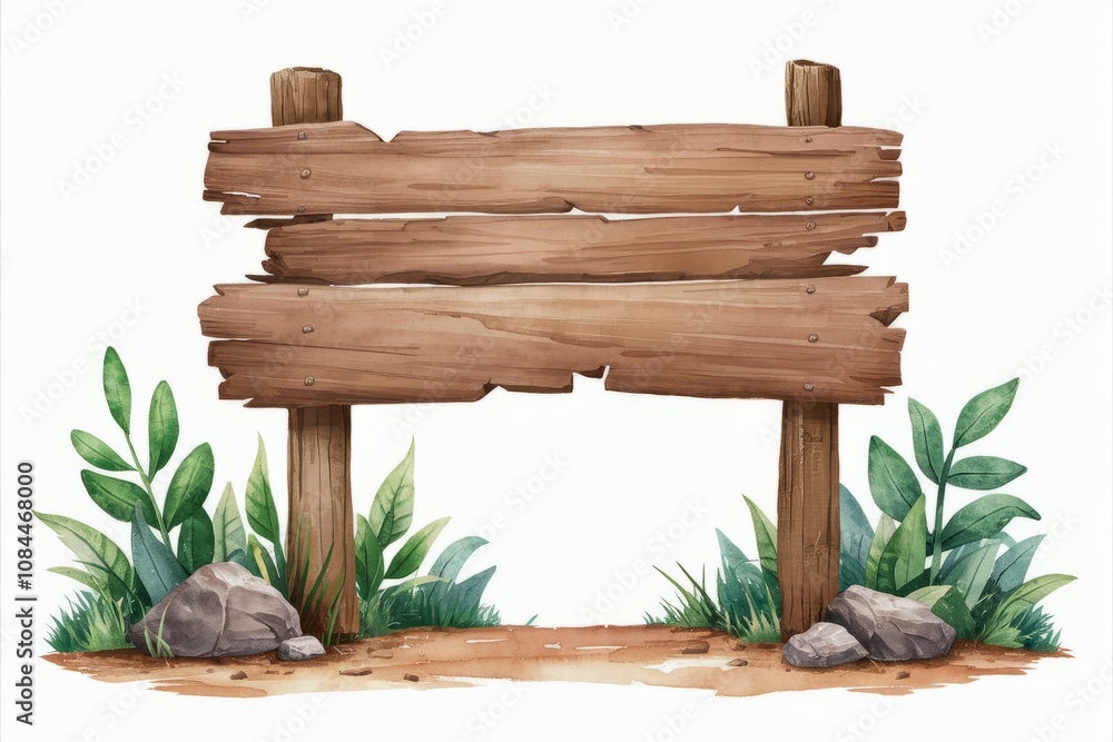 Rustic Wooden Signpost: Watercolor Illustration of a weathered wooden signpost with foliage and rocks, perfect for adding a touch of nature to your designs. Rustic Wooden Signpost: Watercolor Illustration of a weathered wooden signpost with foliage and rocks, perfect for adding a touch of nature to your designs.