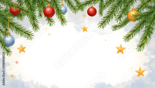 Festive Christmas background with pine branches, ornaments, and watercolor stars