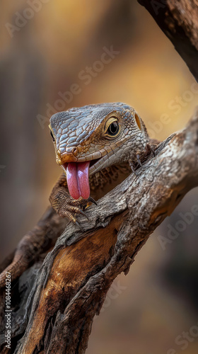 A Vibrant Lizard Perched on a Branch With Its Tongue Out, Basking in the Warm Sunlight of the Forest During the Golden Hour photo