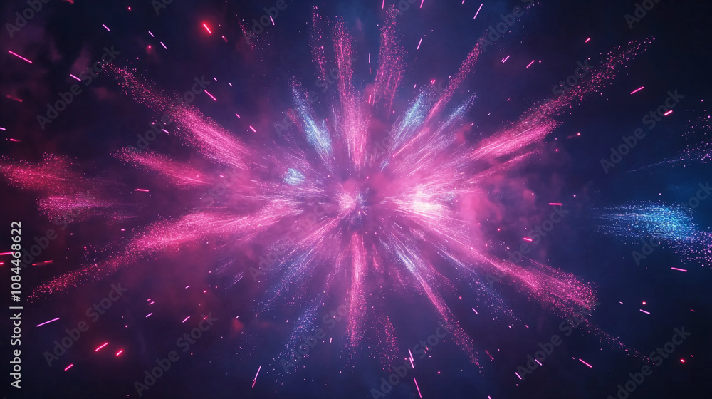 Naklejka premium Pink and blue particles explode outward in a radial pattern against a dark background