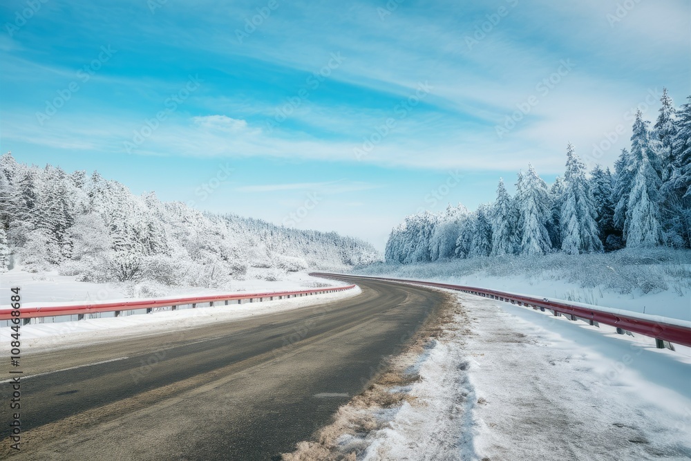 Winter Road to the Horizon: Capturing the serene beauty of winter, a winding road stretches into the distance, framed by snow-covered trees under a clear, azure sky. Winter Road to the Horizon: Capturing the serene beauty of winter, a winding road stretches into the distance, framed by snow-covered trees under a clear, azure sky.