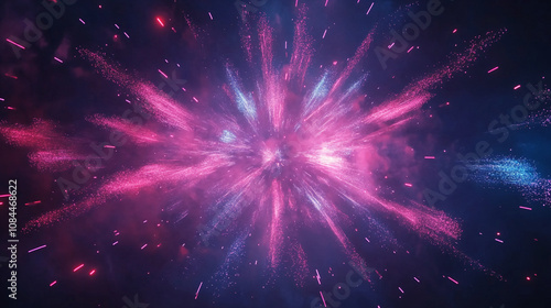 Pink and blue particles explode outward in a radial pattern against a dark background