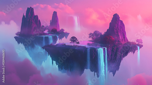 Surreal floating islands with vibrant purple and blue hues, waterfalls cascading down rocky cliffs, creating a dreamy, ethereal landscape.