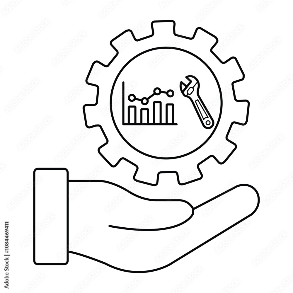 Vector icon for Preventive Equipment Care. Wrench and analytics graph for failure prevention. Vector icon for Preventive Equipment Care. Wrench and analytics graph for failure prevention.