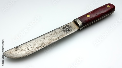 This vintage kitchen knife showcases a weathered blade and rich wooden grip beautifully photo