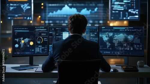 analyst manages the system database, analytics business and reports on the computer. concept of analysis data plans shows a dashboard chart, research on platform digital technology