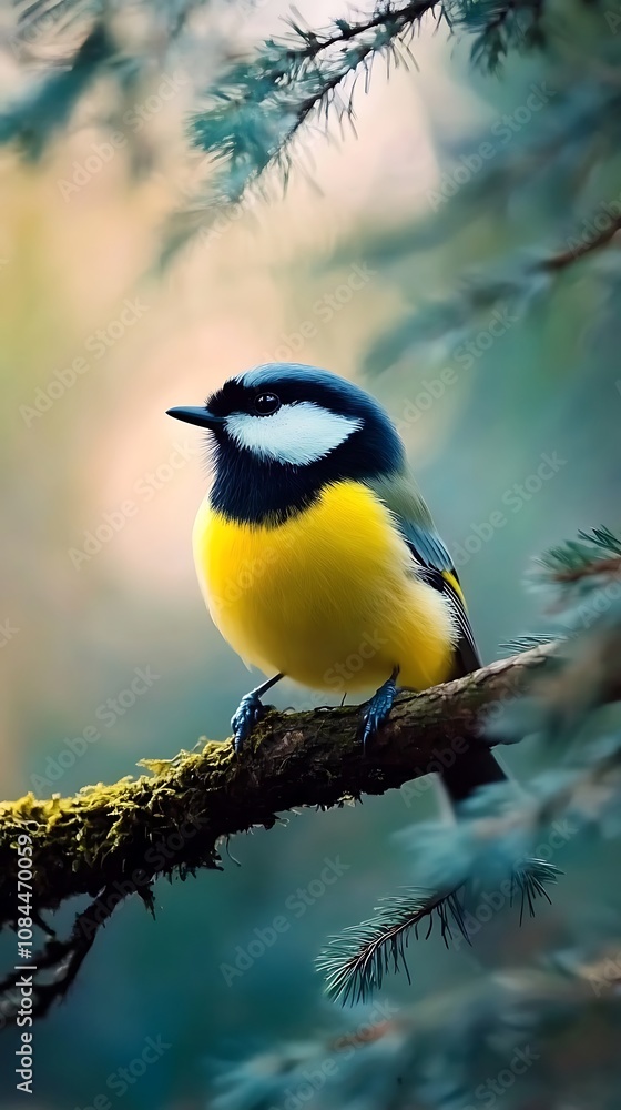 Fototapeta premium Grounded Great Tit showcasing its beauty in a serene woodland setting.