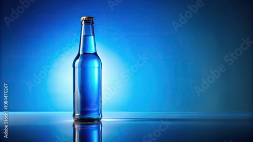 Blue beer bottle with back lighting effect and blue background reflections in full shot