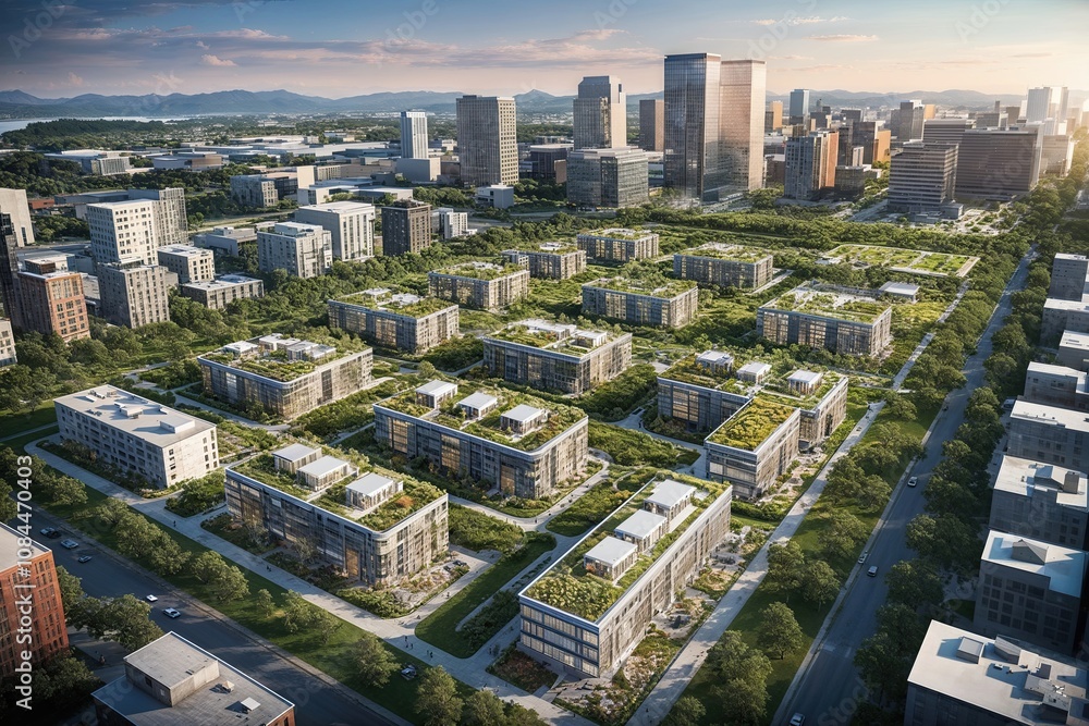 Naklejka premium Eco-Conscious City Design Promoting Sustainable Practices and Green Community Layout