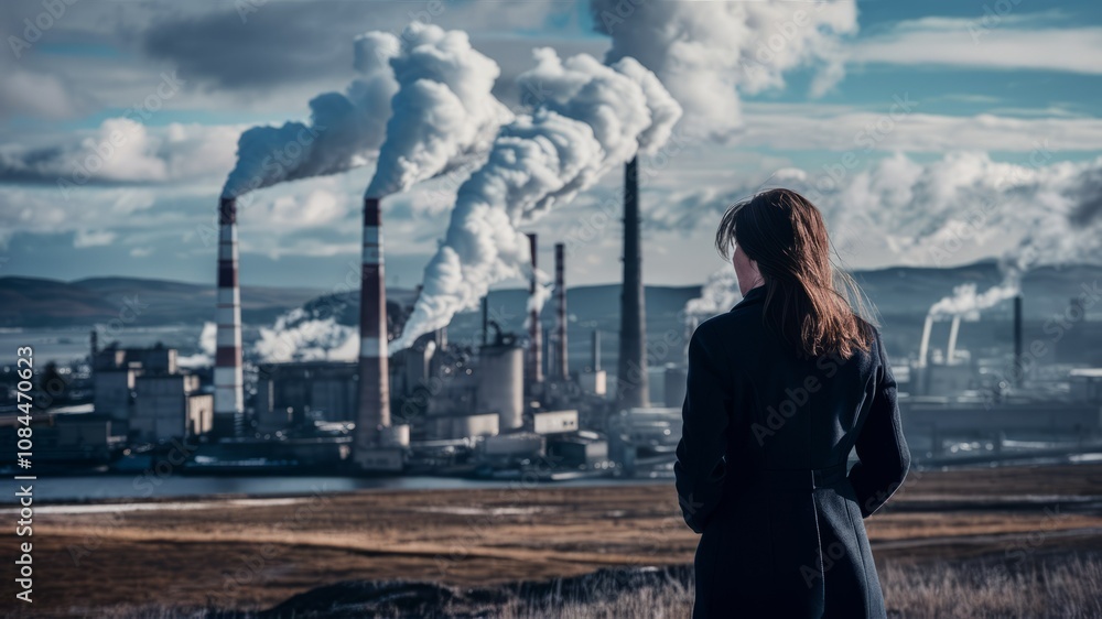 A Sole Figure Gazing at Industrial Smog: A solitary woman stands in the foreground, her back turned, gazing at a vast industrial complex spewing plumes of smoke into the sky. A Sole Figure Gazing at Industrial Smog: A solitary woman stands in the foreground, her back turned, gazing at a vast industrial complex spewing plumes of smoke into the sky.