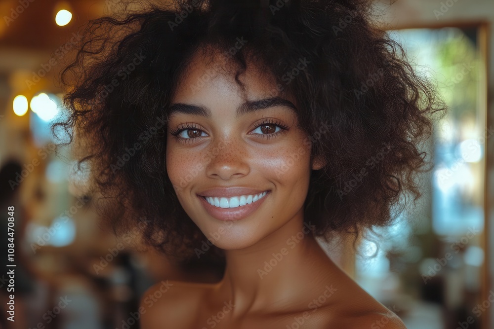 woman with curly hair smiling in a bright salon, preparing for a stunning hairstyle, surrounded by mirrors reflecting an atmosphere of beauty and transformation woman with curly hair smiling in a bright salon, preparing for a stunning hairstyle, surrounded by mirrors reflecting an atmosphere of beauty and transformation